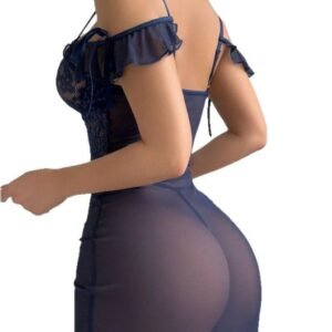 Navy Blue Sexy Lingerie Set Long Dress Split