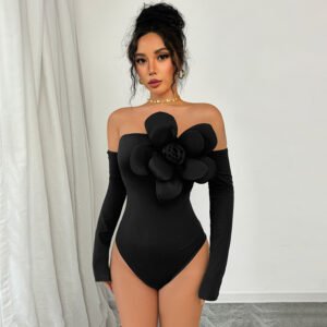 Sexy Style Three-dimensional Flower Decoration Slim-fit Off-shoulder Solid Color Jumpsuit