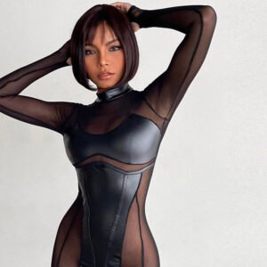 NightLush | Midnight Shadow Patchwork Mesh See-Through Sexy Tight Jumpsuit